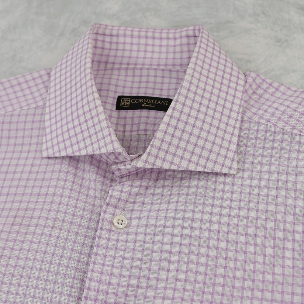 Corneliani Shirt Mens 17.5 44 Purple White Micro Check Dress Long Sleeve Italy